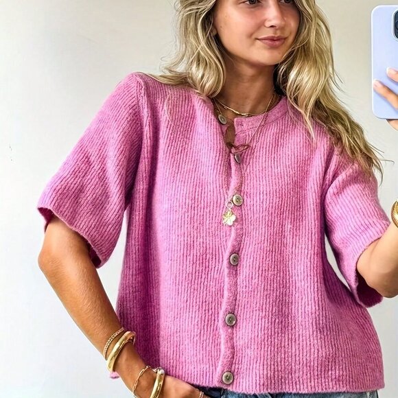 Hot Pink Casual Women's Front Button Short-Sleeved Knitted sweater Cardigan - Picture 3 of 6